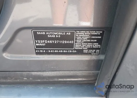 2007 Saab 9-3 2.0T из США, поврежденный, VIN YS3FD46Y271129440